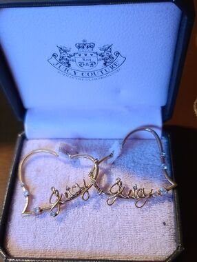 Juicy Couture Gold Heart Hoop 'Juicy' Script Earrings with Crystals